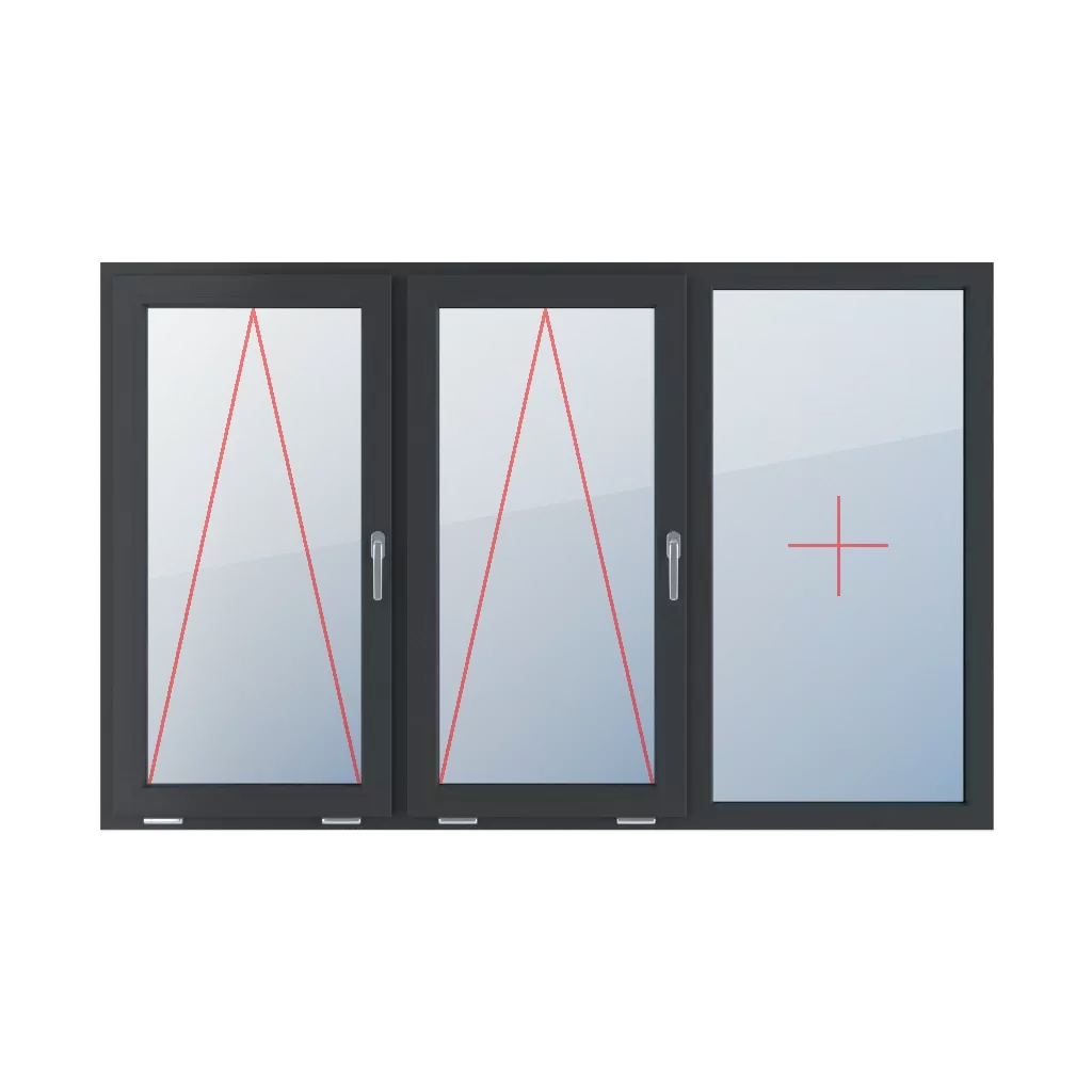 Mit Griff rechts angeschlagen, Festverglasung im Rahmen fenster fenstertypen dreifluegelige-fenster symmetrische-horizontale-teilung-33-33-33  