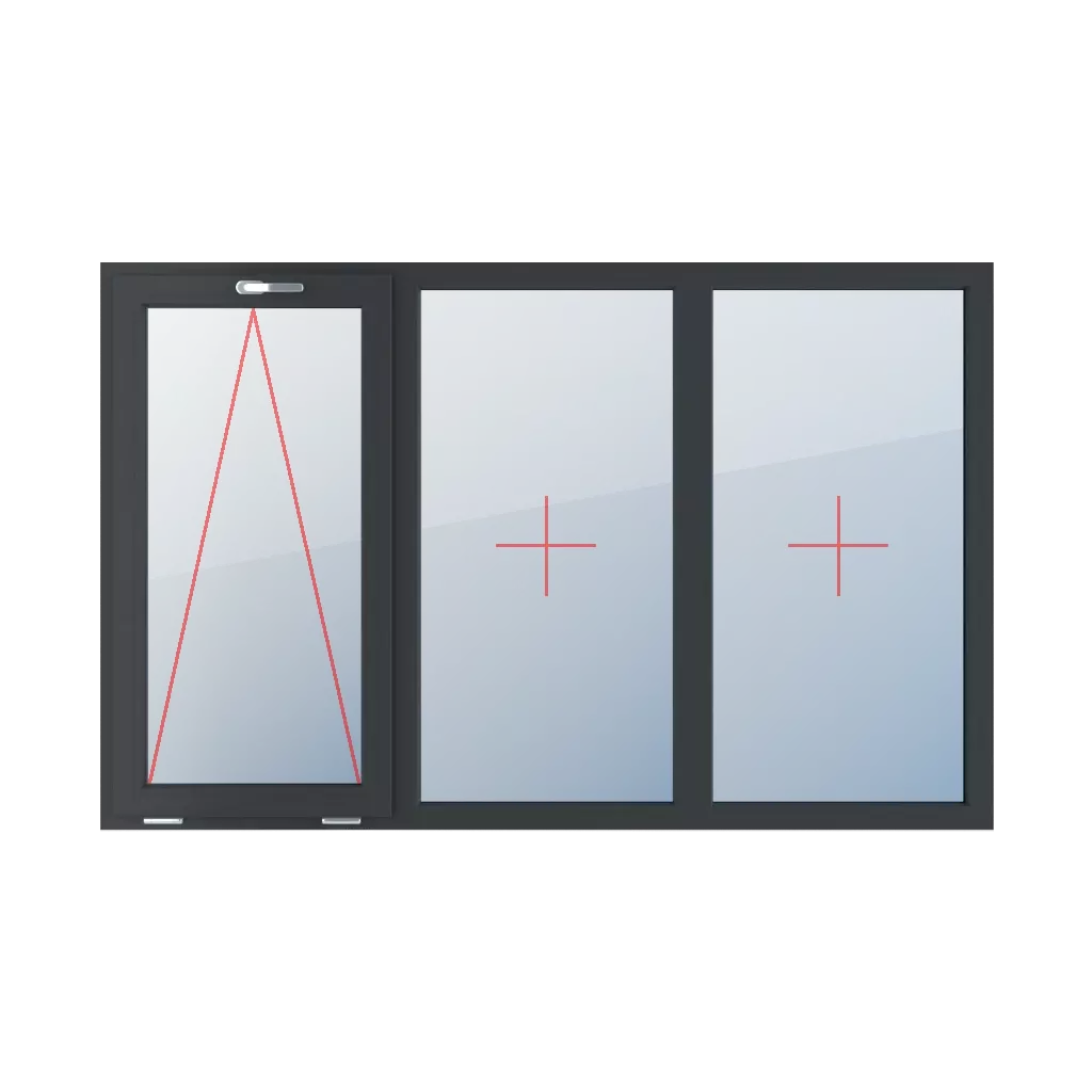 Scharniert mit Griff oben, Festverglasung im Rahmen, Festverglasung im Rahmen fenster fenstertypen dreifluegelige-fenster symmetrische-horizontale-teilung-33-33-33  