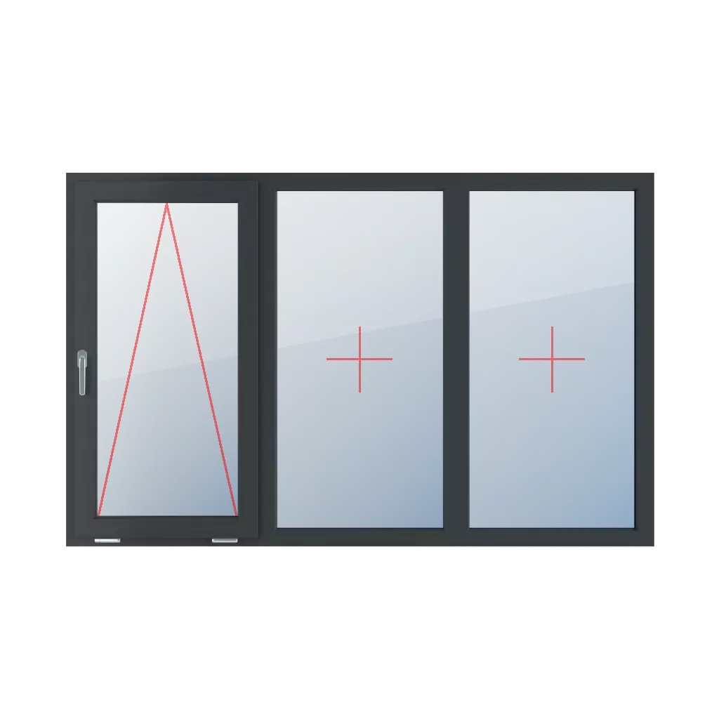 Angeschlagen mit einem Griff auf der linken Seite, Festverglasung im Rahmen, Festverglasung im Rahmen fenster fenstertypen dreifluegelige-fenster symmetrische-horizontale-teilung-33-33-33  