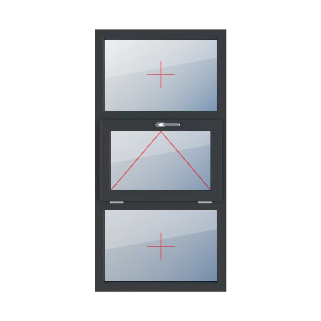 Festverglasung im Rahmen, Scharnierverglasung mit Griff oben, Festverglasung im Rahmen fenster fenstertypen dreifluegelige-fenster symmetrische-vertikale-teilung-33-33-33  