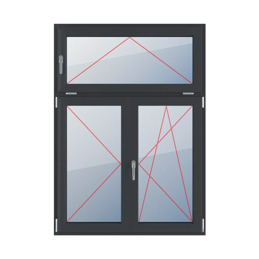 Kippen mit einem Griff auf der linken Seite, Drehen nach links, beweglicher Pfosten, Drehen-Kippen nach rechts fenster fenstertypen dreifluegelige-fenster asymmetrische-vertikale-teilung-30-70-mit-beweglichem-pfosten  