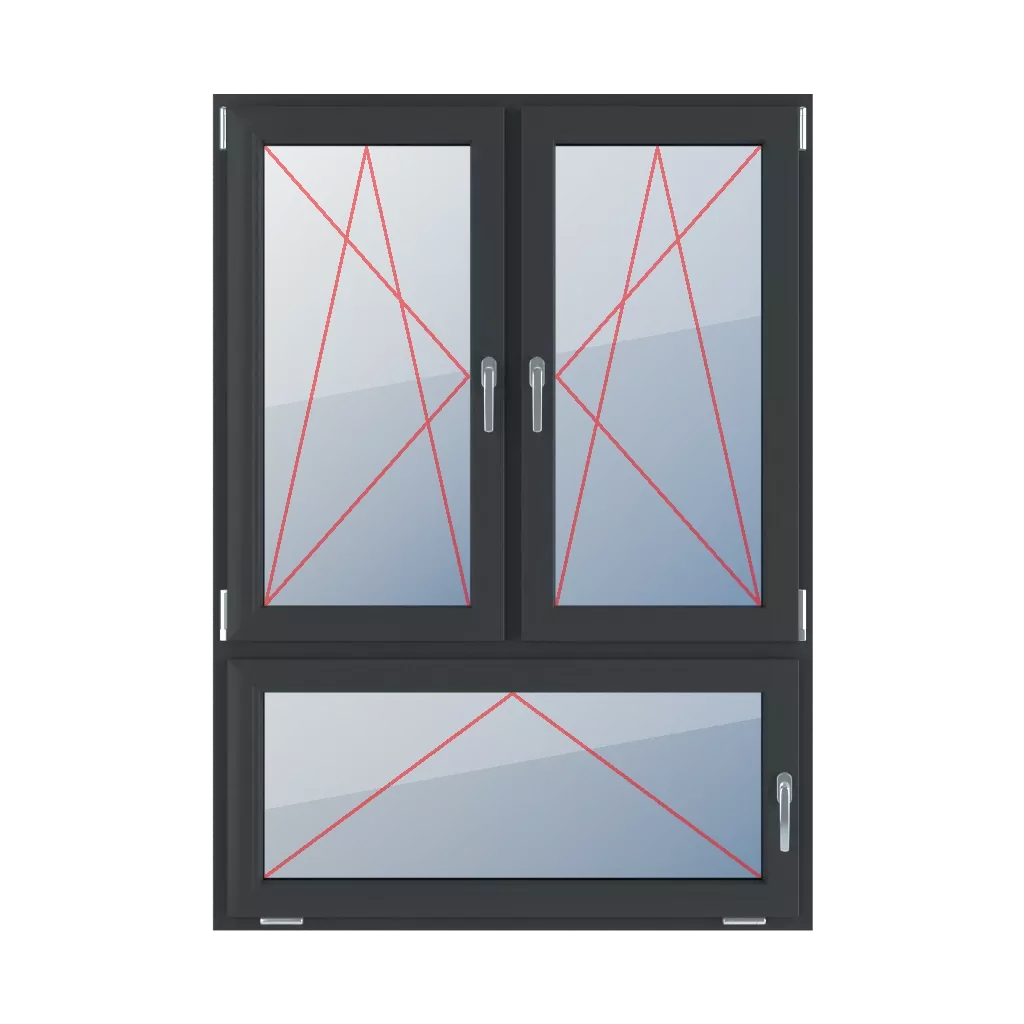 Kippen und Drehen nach links, Kippen und Drehen nach rechts, Kippen mit Griff rechts fenster fenstertypen dreifluegelige-fenster asymmetrische-vertikale-teilung-70-30  