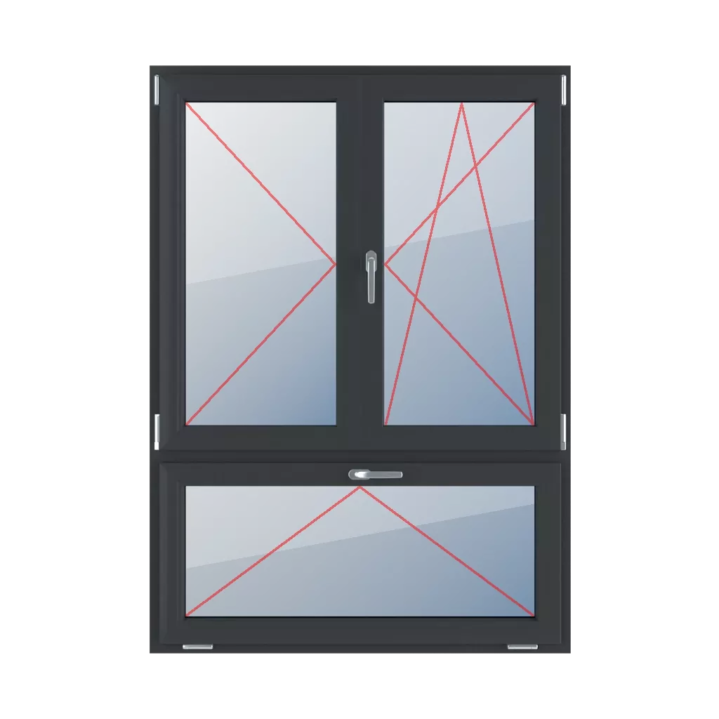 Nach links drehen, beweglicher Pfosten, nach rechts drehen-kippen, oben mit einem Griff kippen fenster fenstertypen dreifluegelige-fenster asymmetrische-vertikale-teilung-70-30-mit-beweglichem-pfosten  