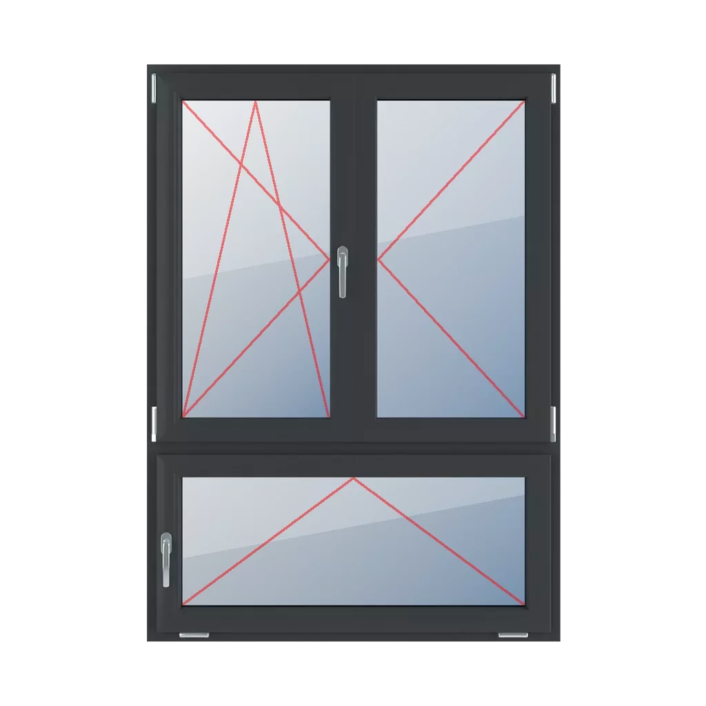 Linksdrehung-Kippung, Rechtsdrehung, beweglicher Pfosten, Neigung mit Handgriff links fenster fenstertypen dreifluegelige-fenster asymmetrische-vertikale-teilung-70-30-mit-beweglichem-pfosten  