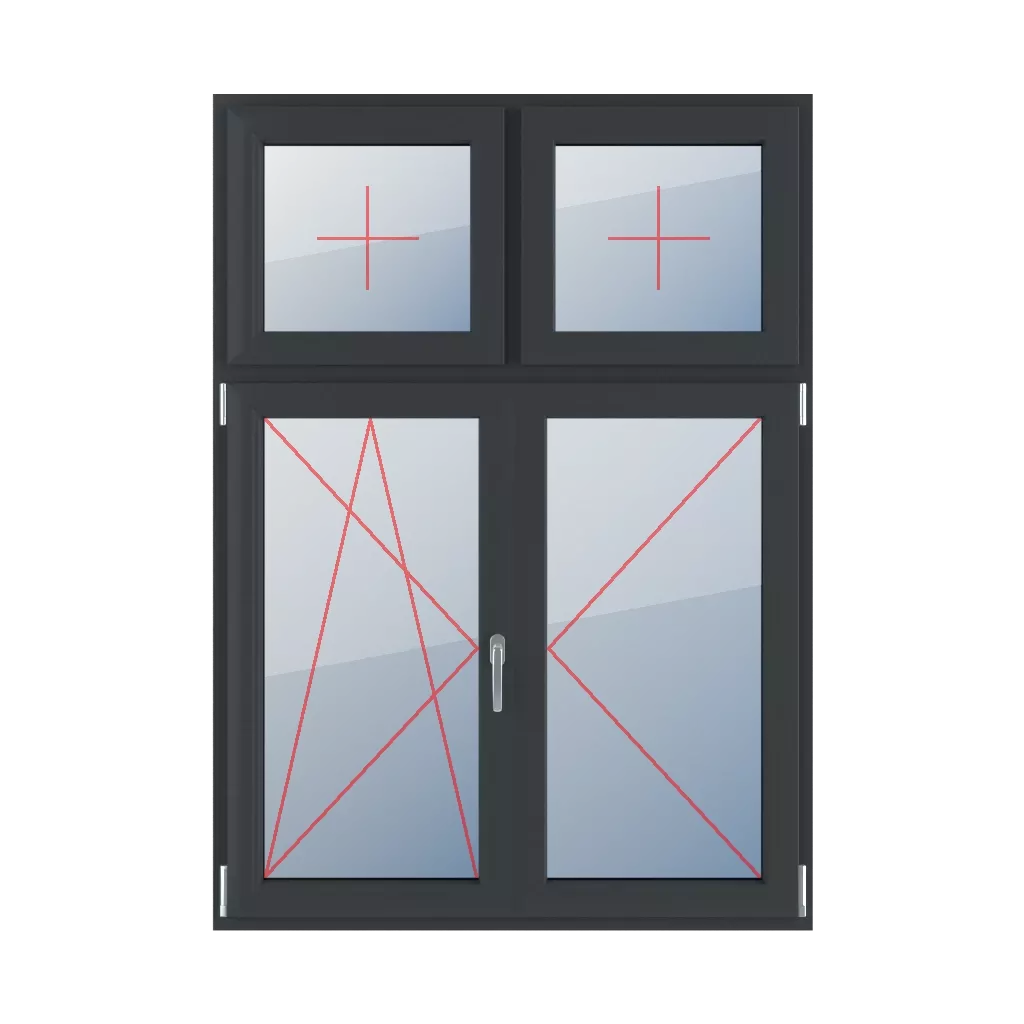 Festverglasung im Flügel, Dreh-Kipp links, Pfosten beweglich, Dreh rechts fenster fenstertypen vierfluegelige-fenster asymmetrische-vertikale-teilung-30-70-mit-beweglichem-pfosten  