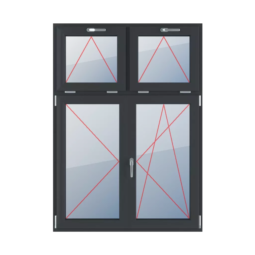 Kippen mit einem Griff oben, Linksdrehung, beweglicher Pfosten, Rechtsdrehung und Kippung fenster fenstertypen vierfluegelige-fenster asymmetrische-vertikale-teilung-30-70-mit-beweglichem-pfosten kippen-mit-einem-griff-oben-linksdrehung-beweglicher-pfosten-rechtsdrehung-und-kippung 