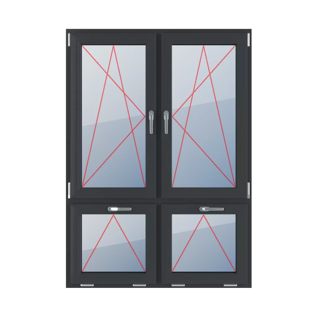 Kippen und Drehen nach links, Kippen und Drehen nach rechts, Kippen mit einem Griff oben fenster fenstertypen vierfluegelige-fenster asymmetrische-vertikale-teilung-70-30 kippen-und-drehen-nach-links-kippen-und-drehen-nach-rechts-kippen-mit-einem-griff-oben 