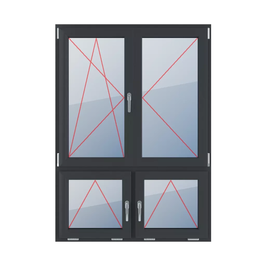 Dreh-Kipp links, Dreh-rechts, beweglicher Pfosten, Kippgriffe in der Mitte fenster fenstertypen vierfluegelige-fenster asymmetrische-vertikale-teilung-70-30-mit-beweglichem-pfosten  