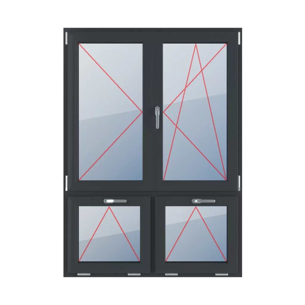 Nach links drehen, beweglicher Pfosten, nach rechts drehen-kippen, oben mit einem Griff kippen fenster fenstertypen vierfluegelige-fenster asymmetrische-vertikale-teilung-70-30-mit-beweglichem-pfosten  